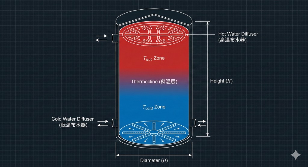 分层蓄水罐结构示意图：高温区、斜温层、低温区及高低温布水器